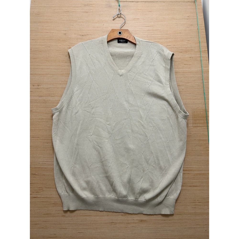 Izod Golf Mens Large Tan Beige Diamond Textured Knit Cotton V-Neck Sweater Vest